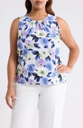 Kasper Floral Print Shirred Shell in Lily White Multi at Nordstrom, Size 1X