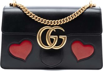 Gucci Womens Pre-owned Medium Gg Marmont Leather Malaga Kid Heart Patch Chain Flap - Black - One Size
