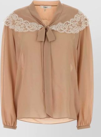 Chlo&eacute; silk lace trim tie-neck long-sleeve blouse