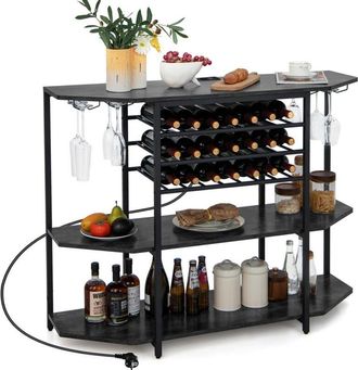 Costway Costway - Gabinete Para Barra De Vinos, Estante Industrial Para Vinos De 3 Niveles Con Estaci&oacute;n De Carga Integrada, Soportes Para Vasos, Botelleros, T