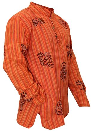 Shopoholic Fashion Unisex Stonewashed Striped Light Weight Hippy Grandad Shirt, New Orange, XL