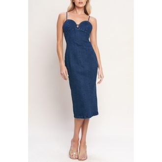 Flying Tomato Sweetheart Neck Denim Midi Dress in Medium Indigo at Nordstrom Rack, Size Large