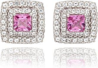 Suzy Levian Sterling Silver Square Cut Pink Sapphire & Created White Sapphire Double Halo Stud Earrings