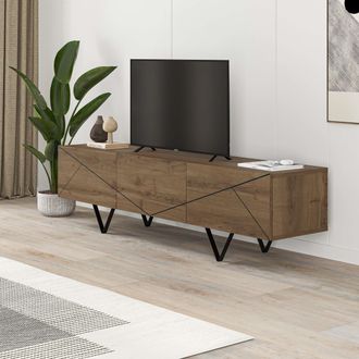 Decortie Jakomen Modern TV Unit 3-Door Storage TV Cabinet with Metal V-Shaped Legs in Dark Brown | Size: 1 Pack
