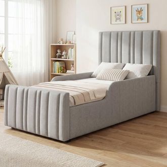 Merax 3ft Single Linen Upholstered Bed, Ottoman Storage Bed Frame in Grey