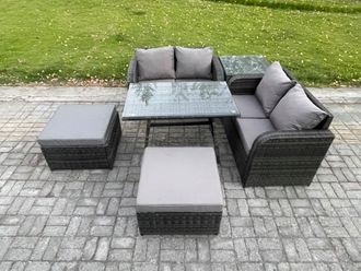 Fimous Garden Furniture Sets 6 Seater Rattan Furniture Manual Wicker Patio Sofa Patio Conversation Set with 2 Big Footstool Side Table in Dark Grey
