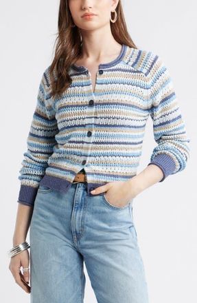 Treasure & Bond Stripe Pointelle Knit Button Front Cotton Cardigan in Blue Blissful Stripe at Nordstrom, Size Xx-Large