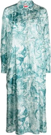 F.R.S. For Restless Sleepers Blauwe Palazzo Jurk met Japanse Tak Print - Dames - Shirt Kleedjes - Blauw - XS - Kleedjes