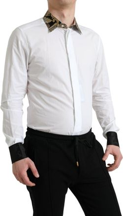 Dolce & Gabbana Mens White Cotton Jacquard Formal Gold Dress Shirt