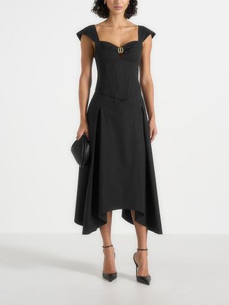 Mani&egrave;re De Voir Faith Cap Sleeve Corset Cotton Midi Dress in Black at Nordstrom, Size 8