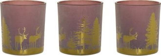 Melrose International Glass Tea Light Holder with Woodland Scene (Set of 3) - Red, Gold