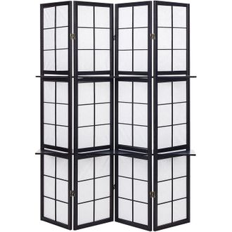 Beliani Traditional Decorative Room Divider Screen 4 Panels Folding Pine Wood Synthetic Material Living Room Bedroom Black Gomagoi