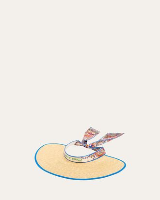 Etro Logo Straw Visor with Paisley-Print Ties