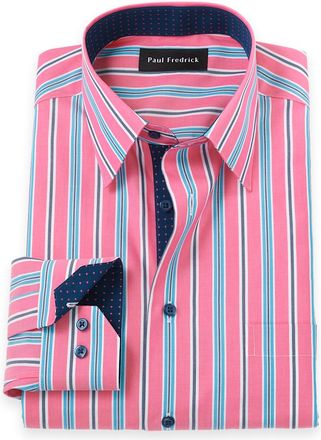 Paul Fredrick Tailored Fit Non-iron Cotton Stripe Dress Shirt With Contrast Trim