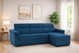 Dmora Sof&aacute; Fijo Con Pen&iacute;nsula Zelinda, Sof&aacute; Esquinero Para Sal&oacute;n, Acolchado, Desenfundable, Calidad 100% Made In Italy, 285x160 H100 Cm, Azul - Dmora