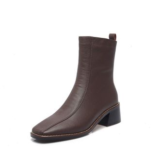 TinaCus Womens Genuine Leather Square Toe Side Zip Up Handmade Low Chunky Heel Chic Mid-Calf Boots, Brown, 8 UK