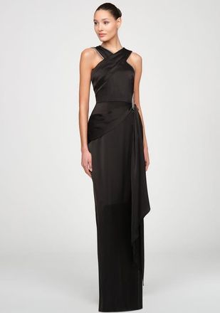 Theia Cressida Halter Column Satin Gown in Black at Nordstrom, Size 14