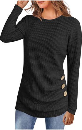 Generic Womens Casual Tunic Tops Long Sleeve Crew Neck T Shirts Loose Side Button Longline Tops Ladies Jumpers Fall Soft Pullover Sweater Black