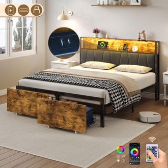 Matteo 4ft6 Double Bed Frame - RGB LED Headboard, Integrated Storage & Charging - Black & Walnut Metal Platform