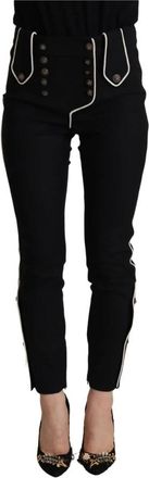 Dolce & Gabbana Mid Waist Button Embellished Skinny Pants - Dames - Slim Fit Broeken - Zwart - S - Wol - Broeken
