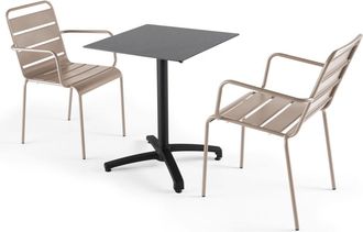 Oviala Mesa de jardín de conjunto laminado en gris pizarra y 2 sillones topo