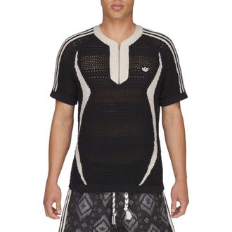 adidas Originals x CLOT Short Sleeve Quarter Zip Sweater in Black/wonder White at Nordstrom, Size Medium