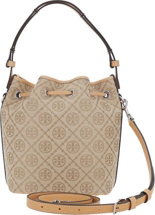 Tory Burch Womens Handbag T Monogram Mini Bucket Beige Cotton Polyester Handbags Hand Bags