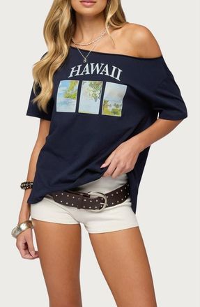 Edikted Hawaiian Babe Off the Shoulder Cotton Graphic T-Shirt in Navy at Nordstrom, Size X-Large
