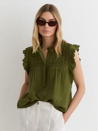 Reiss Olive Green Cotton Cheesecloth Sleeveless Top, 12