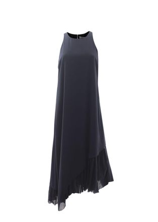 Elizabeth & James Laetitia Asymmetric Pleated Hem Navy Crepe Midi Dress Size M
