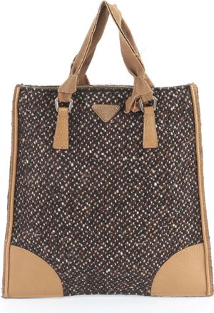 Prada Black Brown Leather Canvas Handbag Tote Bag (Pre-Owned)