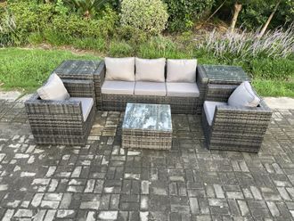 Fimous Wicker 6 Pieces Rattan Garden Furniture Sofa Set with Armchair 2 Side Tables Square Coffee Table in Dark Grey