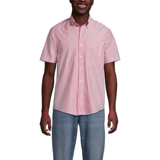 Lands End Short Sleeve Essential Lightweight Poplin in Compass Red Vertical Stripe at Nordstrom, Size Xx-Large