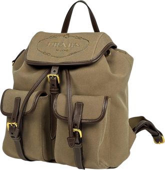 Prada Beige Brown Canvas Leather Backpack (Pre-Owned)