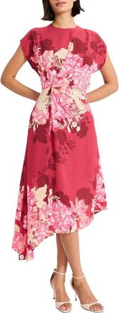 Maggy London Floral Print Asymmetric Midi Dress in Rose Bud/Pink Carnation at Nordstrom, Size 6