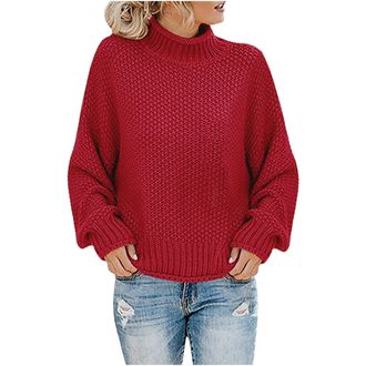 Generic Womens Turtleneck Jumpers Long Sleeve Sweater Block Color Patchwork Casual Loose Jumpers Plus Size Chunky Knitted Pullover Tops Knitwear Round Neck Cl