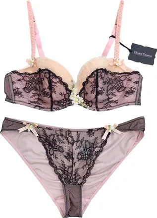 Chantal Thomass Pink Tulle & Black Leavers Lace Hand Embroidered Daisy Set Size M