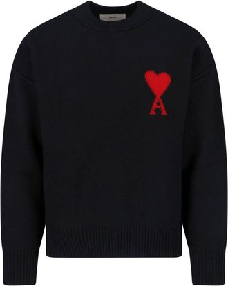 Ami Dropped Shoulder Black Wool Sweater With Contrast Logo