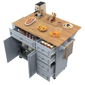 STILVORA Carro De Cocina Con Cajones Y Estantes Ajustables, Encimera Abatible, Para Cocina, En Mdf, Azul Claro
