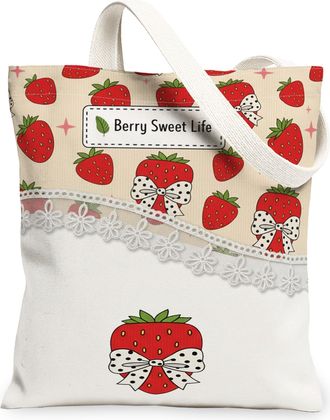 Generic Strawberry Canvas Tote Bags, Cute Berry Pattern Reusable Grocery Bags, Spring Vintage Lightweight Washable Shoulder Strap F, White, 13x15 Inch
