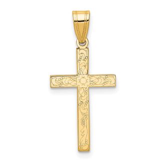 Diamond2Deal 14k Yellow Gold Etched Floral Cross Pendant