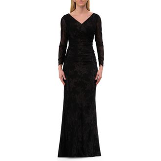 La Femme Chic Stretch Lace Evening Dress with Ruching and V Neckline in Black at Nordstrom, Size 18