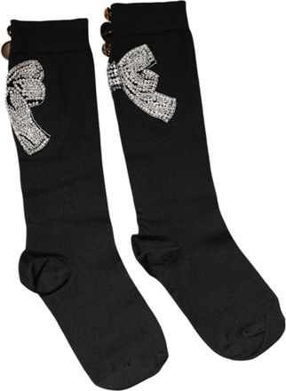 Dolce & Gabbana Black Knit Floral Crystal Embellishment Socks Virgin Wool Nylon Elastane Clothing