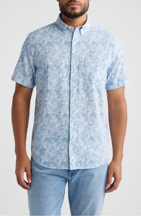 Johnston & Murphy Hampton Abstract Print Short Sleeve Stretch Cotton Button-Down Shirt in Blue Ombre Grid at Nordstrom, Size Xxx-Large