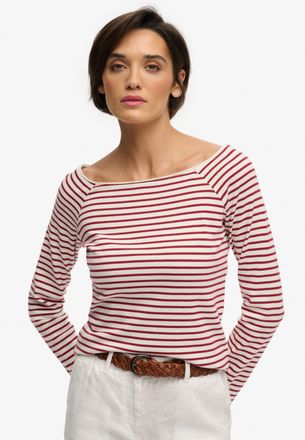 Superdry Langarmshirt SUPERDRY BARDOT OFF SHOULDER TOP, Damen, Gr. XL, bordeaux rot stripe, Single Jersey, Obermaterial: 100% Baumwolle, gestreift, regular fit