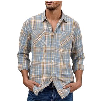 Generic Mens Checked Shirts Casual Regular-Fit Fashionable Versatile Long Sleeve Lightweight Plaid Shirt Comfortable Durable Button-Up Lapel Tops with Chest P