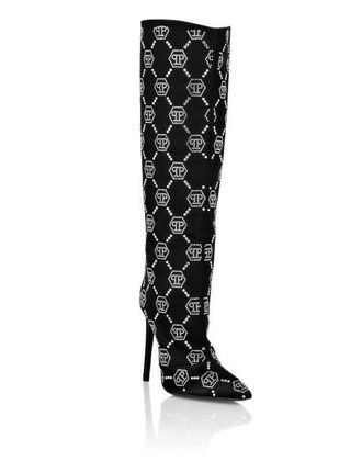 Philipp Plein Satin Boots High Heels Mid Strass Monogram Women in Black/crystal at Nordstrom, Size 37