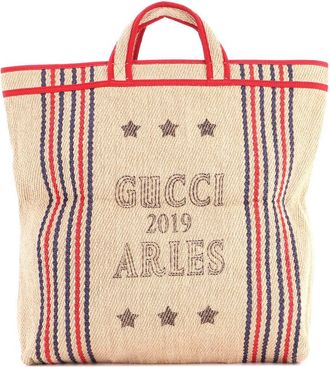 Gucci Beige Raffia Disney Three Little Pigs Open Tote With Applique (Authentic Pre-Loved)