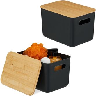 Relaxdays Relaxdays Storage Box, Set of 2, Plastic, Bamboo Lids, Handle, HWD: 16 x 26 x 17.5 cm, Bathrom Organiser Basket, Black