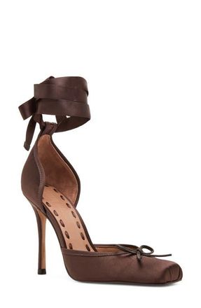 Steve Madden Larina Ankle Wrap Pump in Dark Brown Satin at Nordstrom, Size 8.5